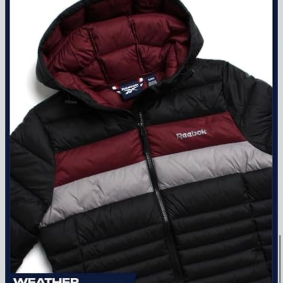 Reebok Women’s Hooded Puffer Jacket - Black, Burgundy, Light Gray - Picture 4 of 7